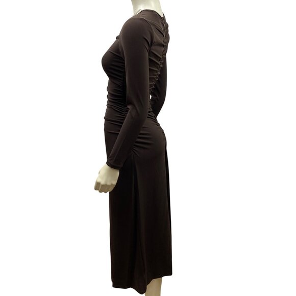 MICHAEL KORS $145 Brown Ruched Long Sleeve Midi‎ Dress With V-Neckline SM NWT - Picture 8 of 12